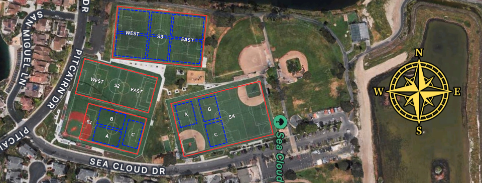 Sea Cloud Park field map showing S1, S2, S3, S4 layout